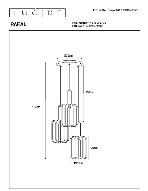 Подвесная люстра Lucide Rafal 45492/13/36 Фото № 2