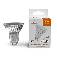 Лампа светодиодная Gauss Basic GU10 6W 3000K матовая 10106162 3