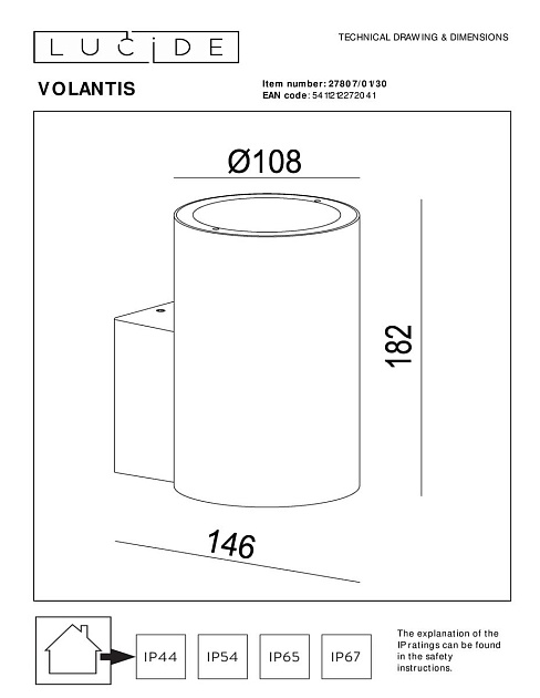 Уличный настенный светильник Lucide Volantis 27807/01/30 изображение 2 Уличный настенный светильник Lucide Volantis 27807/01/30 Фото № 2