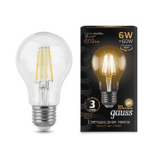 Лампа светодиодная филаментная Gauss E27 6W 2700К прозрачная 1/10/50 102802106 2