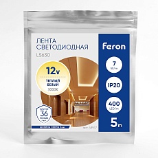 Светодиодная лента Feron 7W/m 400LED/m COB теплый белый 5М LS630 48947 1