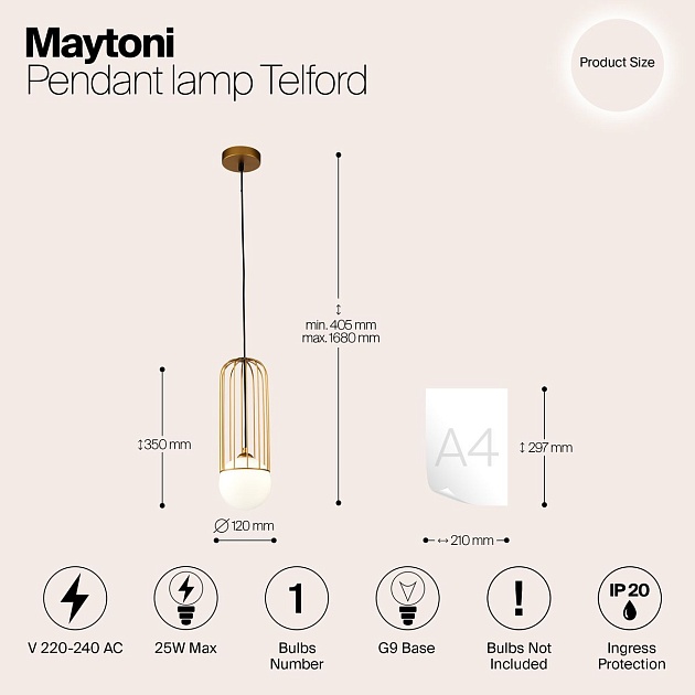 Подвесной светильник Maytoni Telford P361PL-01G Фото № 2