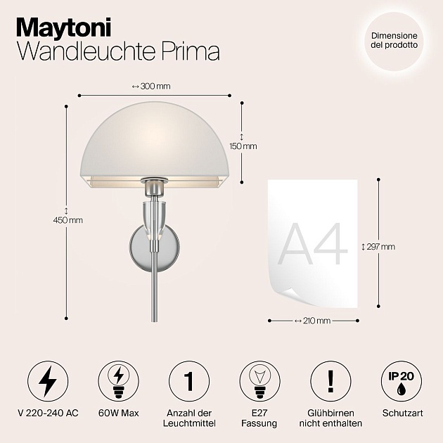 Настенный светильник Maytoni Prima Z034WL-01CH изображение 2 Настенный светильник Maytoni Prima Z034WL-01CH Фото № 2